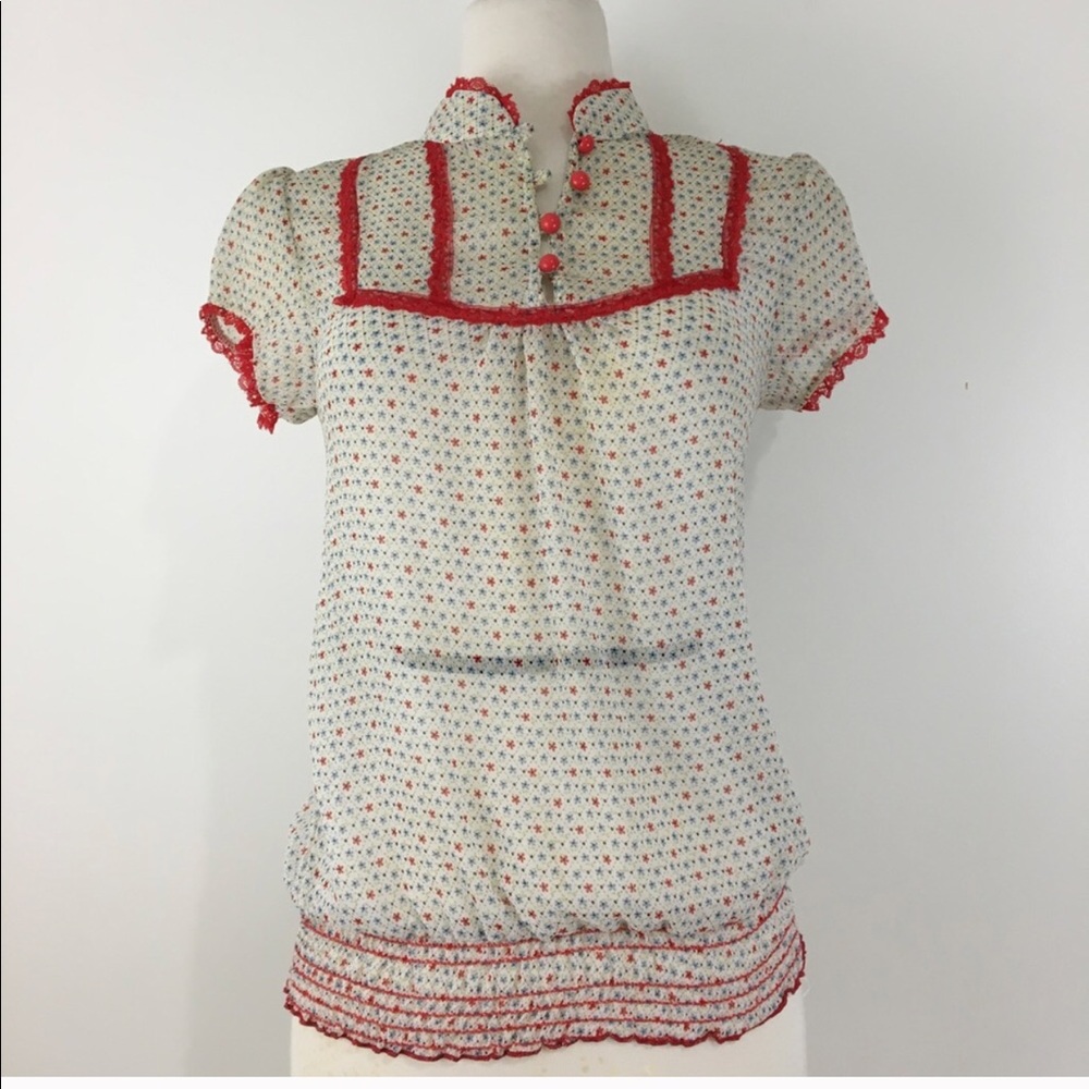 Monteau sheer floral top lace red trim small